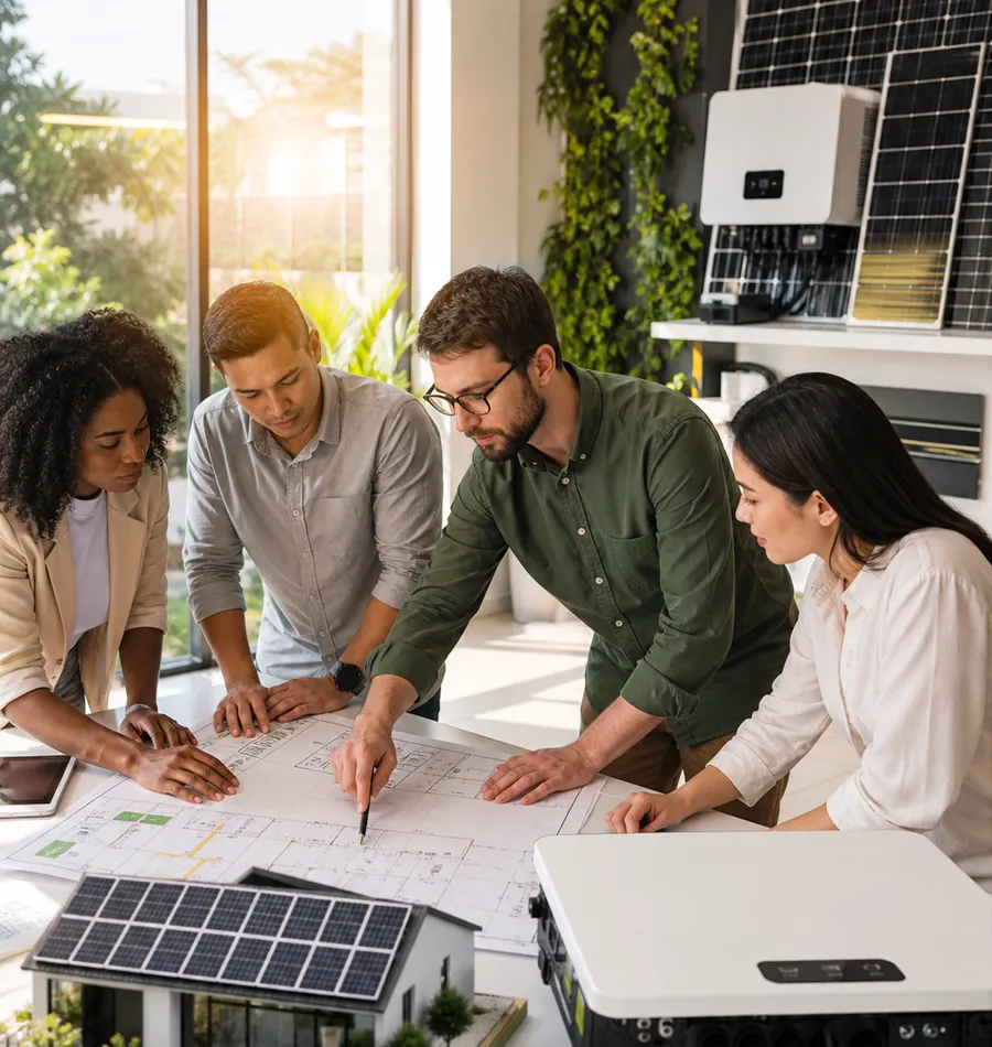 Equipe de engenharia solar analisando um projeto fotovoltaico