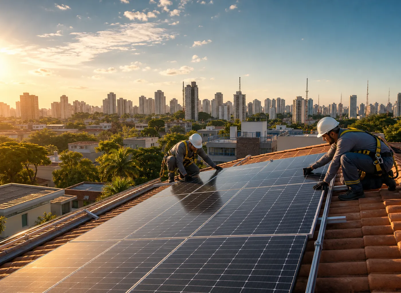 Técnicos instalando painéis de energia solar em telhado
