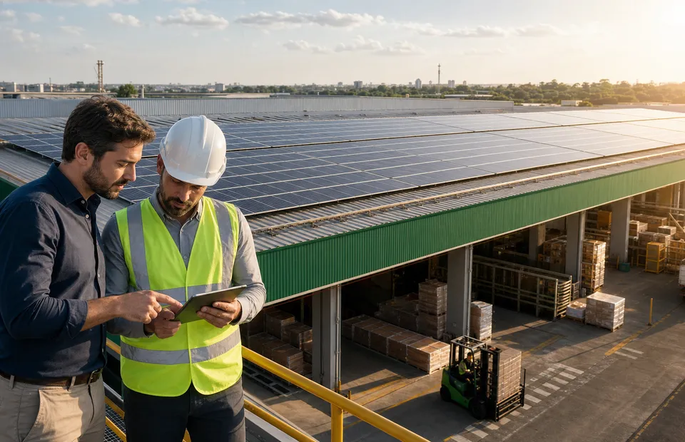 Empresa com painéis solares e análise técnica de geração