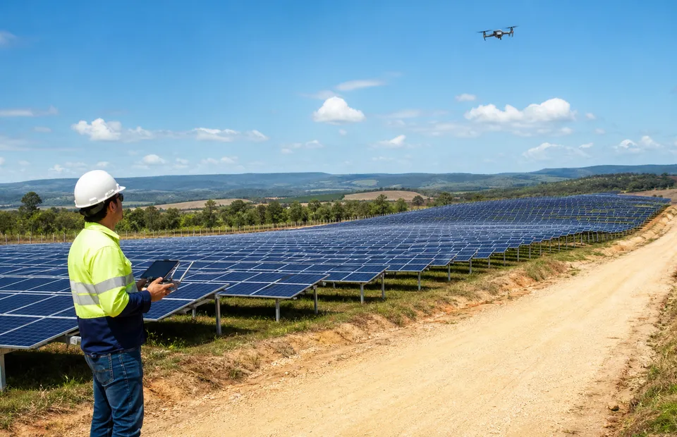 Usina solar em solo com engenheiro inspecionando os módulos