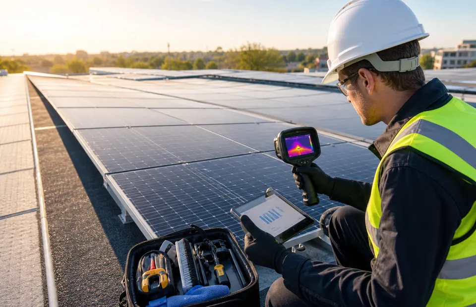 Técnico monitorando o desempenho de painéis solares
